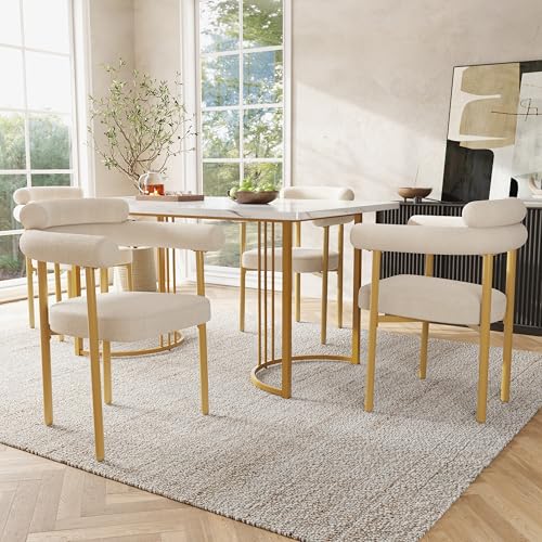 Ligterra Esstisch- und Stuhlset (5-teiliges Set), mit Design-Tischbeinen aus Metall, Inklusive 4 Hohlen Sesseln aus Cremefarbenem Wildlederstoff, Stilvoll und Bequem(Beige) von Ligterra