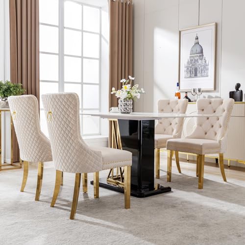 Ligterra Esszimmerstuhl ，Luxus Esszimmerstühle Set aus 4 mit Türklopfer-Rückenlehne - Polsterstühle mit Nagelkopfbesatz, Samtbezug & vergoldeten Edelstahlbeinen，Beige von Ligterra