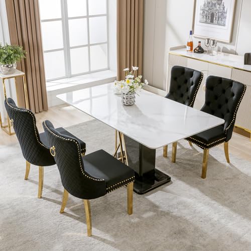 Ligterra Esszimmerstuhl ，Luxus Esszimmerstühle Set aus 4 mit Türklopfer-Rückenlehne - Polsterstühle mit Nagelkopfbesatz, Samtbezug & vergoldeten Edelstahlbeinen，Black von Ligterra