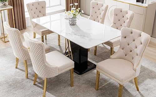 Ligterra Esszimmerstuhl ，Luxus Esszimmerstühle Set aus 6 mit Türklopfer-Rückenlehne - Polsterstühle mit Nagelkopfbesatz, Samtbezug & vergoldeten Edelstahlbeinen，Beige von Ligterra