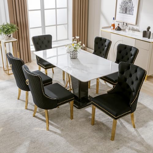 Ligterra Esszimmerstuhl ，Luxus Esszimmerstühle Set aus 6 mit Türklopfer-Rückenlehne - Polsterstühle mit Nagelkopfbesatz, Samtbezug & vergoldeten Edelstahlbeinen，Black von Ligterra