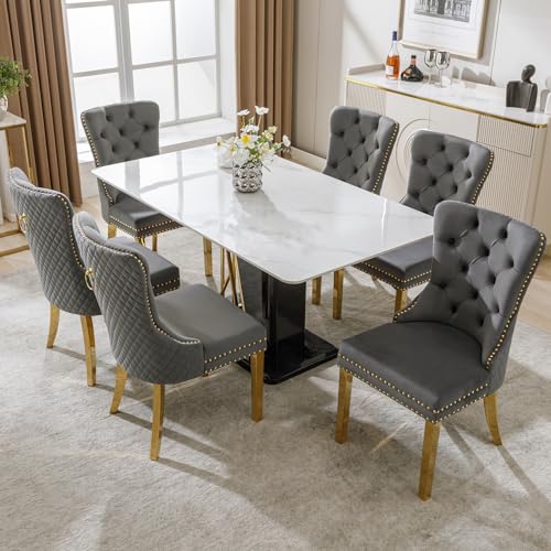 Ligterra Esszimmerstuhl ，Luxus Esszimmerstühle Set aus 6 mit Türklopfer-Rückenlehne - Polsterstühle mit Nagelkopfbesatz, Samtbezug & vergoldeten Edelstahlbeinen，Grey von Ligterra