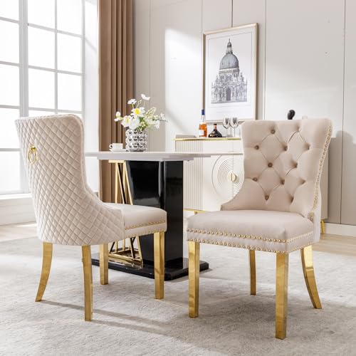 Ligterra Esszimmerstuhl ，Luxus Esszimmerstuhl mit Türklopfer-Rückenlehne - 2er Set - Polsterstuhl mit Nagelkopfoptik, Samtbezug& vergoldeten Edelstahlbeinen，Beige von Ligterra