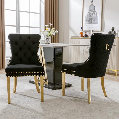 Ligterra Esszimmerstuhl ，Luxus Esszimmerstuhl mit Türklopfer-Rückenlehne - 2er Set - Polsterstuhl mit Nagelkopfoptik, Samtbezug& vergoldeten Edelstahlbeinen，Black von Ligterra