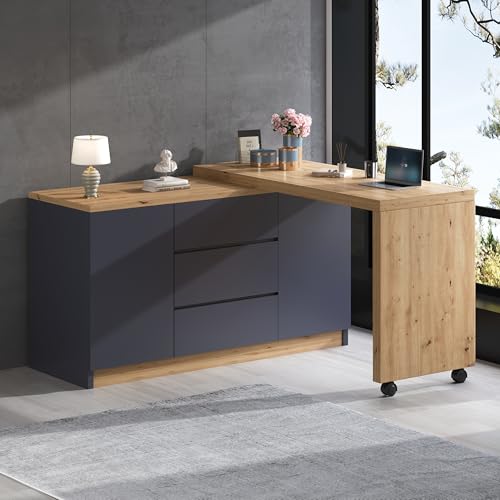 Ligterra Faltbarer Schreibtisch, Schreibtisch mit Schubladen, Eckschreibtisch, Sideboard, mit Feststellbaren Rollen, Drehbare Tischplatte, Fest Arretierbar, 120×50×76.5cm (Grau+Eiche) von Ligterra