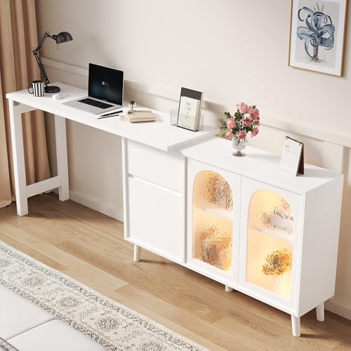 Ligterra Faltbarer Schreibtisch, Schreibtisch mit Schubladen, Eckschreibtische, Frisiertische, Ölgemälde Textur, mit LED 2-in-1 Arbeitsplatte, 360° Drehbar, mit Acryltür, 120×40×78cm (Weiß) von Ligterra