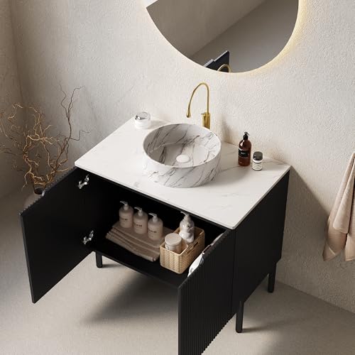 Ligterra Freistehender Badezimmerwaschtisch mit Oval Gestreiftem Keramikwaschbecken, Weißgesinterte Carrara-Stein-Arbeitsplatte, Gestreifter Schrank mit Doppeltüren, 76 * 48 * 87cm (Schwarze) von Ligterra