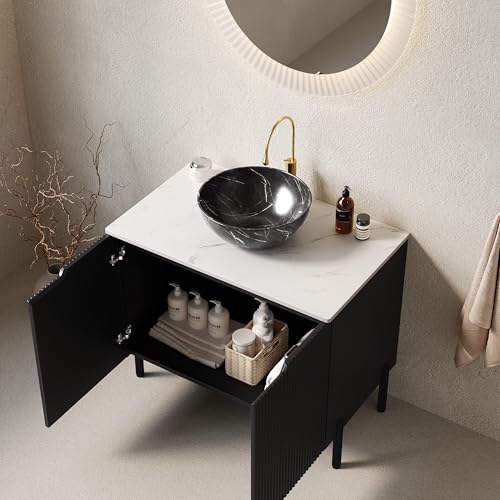 Ligterra Freistehender Badezimmerwaschtisch mit Oval Gestreiftem Keramikwaschbecken, Weißgesinterte Carrara-Stein-Arbeitsplatte, Gestreifter Schrank mit Doppeltüren, 76 * 48 * 89cm (Schwarze) von Ligterra