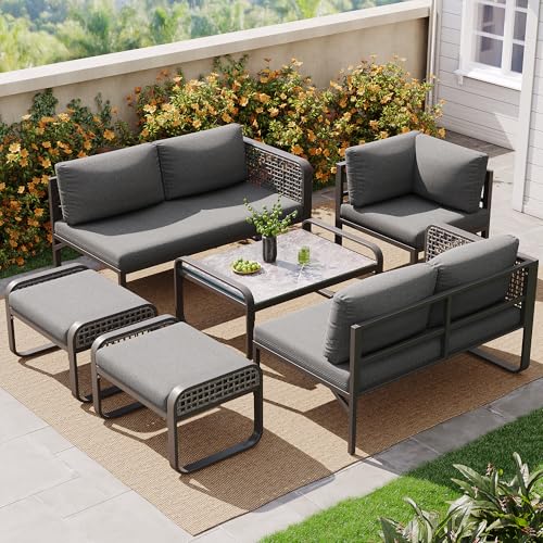 Ligterra Gartenlounge Outdoor, Garten-Lounge-Set, Rattan-Möbel-Set für 6-7 Personen, Ecksofa mit Verzinktem Eisengestell, Verstellbare Beine, Inklusive Aller Sitz- und Rückenkissen, Grau von Ligterra