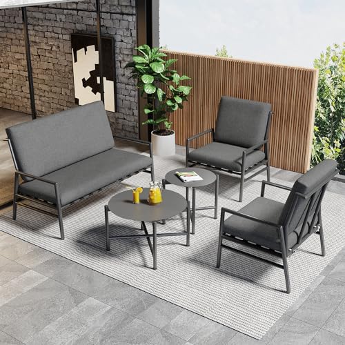 Ligterra Gartenlounge Outdoor, Garten-Loungesessel-Set, Vier Sitze, Zwei Runde Couchtische, Verzinktes Stahlrohr, Kissen (Abnehmbar und Waschbar), Kissen mit Riemen, Grau von Ligterra