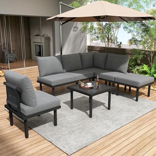 Ligterra Gartenlounge Outdoor, Garten-Loungesessel-Set mit verzinktem Eisenrahmen, 6er-Set, Beige Geflochtenes Seil, Verstellbare Füße, Glatte Glastischplatte, Grau von Ligterra
