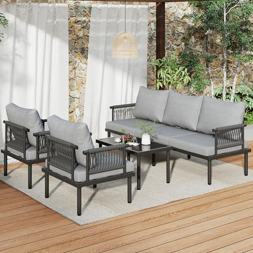 Ligterra Gartenlounge Outdoor Garten Loungesessel Set, Gartenmöbel Set mit bequemen Kissen, 3er Sofa, 2 Sessel und 2 Couchtische, WPC Tischplatte, Holzmaserung Lack, verzinkter Stahl, Grau Ligterra Gartenlounge Outdoor Garten Loungesessel Set, Gartenmöbel Set mit bequemen Kissen, 3er Sofa, 2 Sessel und 2 Couchtische, WPC Tischplatte, Holzmaserung Lack, verzinkter Stahl, Grau von Ligterra