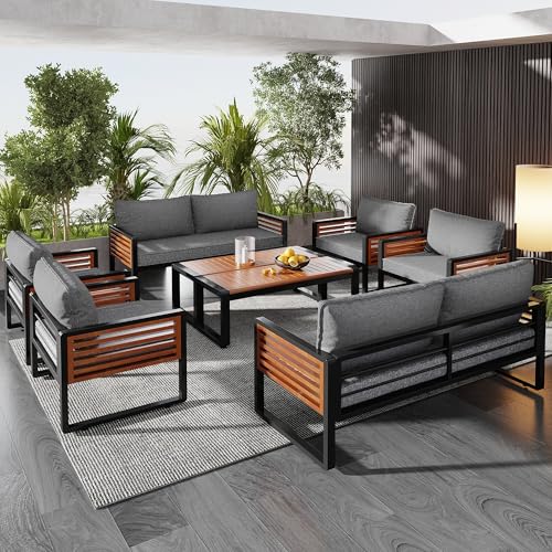 Ligterra Gartenlounge-Set, Gartenmöbel-Set mit Verzinktem Eisenrahmen, (8-teiliges Esstisch-Set, 2x2-Sitzer-Sofa, 4 Einzelstühle, 2X Tisch), Dekorative Armlehnen aus Holz (Graue) von Ligterra