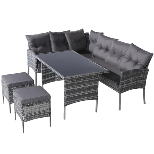 Ligterra Gartenmöbel-Set 7-TLG. für 7 Personen Poly Rattan Lounge Sitzgruppe mit Esstisch & Hocker Sofa Kissen UV-beständig & wetterfest von Ligterra