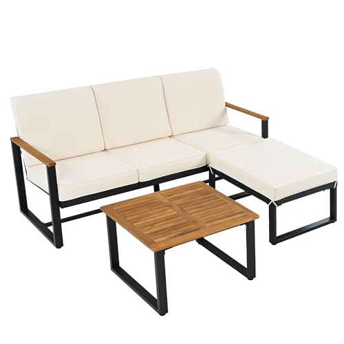 Ligterra Gartenmöbel-Set Eckgarnitur 6-teilig Sofa Couchtisch 2 Fußhocker Rostfrei aus verzinktem Stahlrohr Tischplatte Akazien Massivholz Für Garten, Terrasse & Poolbereich von Ligterra