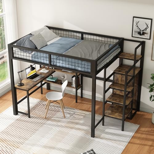 Ligterra Hochbett 140x200 cm mit Schreibtisch, Einbauschrank & Regalböden - Platzsparendes Eisenbettgestell in Schwarz - Metall Hochbett mit Stauraum von Ligterra