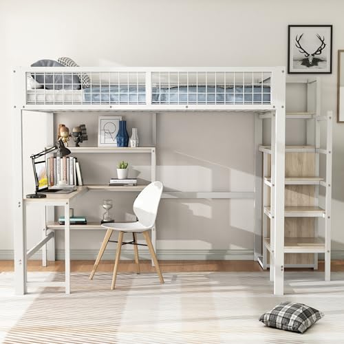 Ligterra Hochbett 140x200 cm mit Schreibtisch, Einbauschrank & Regalböden - Platzsparendes Eisenbettgestell in White - Metall Hochbett mit Stauraum von Ligterra