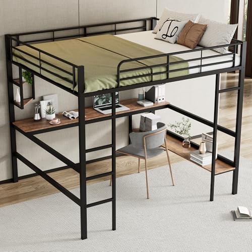 Ligterra Hochbett 140x200 cm mit Schreibtisch & Regalen - Metallbettgestell in Schwarz für Kinder, Jugendliche und Erwachsene - Platzsparendes Eisen Hochbett mit Bücherregal und Ablagemöglichkeiten von Ligterra