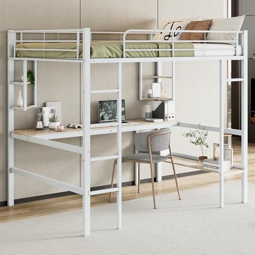 Ligterra Hochbett 140x200 cm mit Schreibtisch & Regalen - Metallbettgestell in White für Kinder, Jugendliche und Erwachsene - Platzsparendes Eisen Hochbett mit Bücherregal und Ablagemöglichkeiten von Ligterra