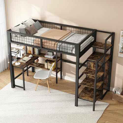 Ligterra Hochbett 90x200 cm mit Schreibtisch, Einbauschrank & Regalböden - Platzsparendes Eisenbettgestell in Schwarz - Metall Hochbett mit Stauraum von Ligterra
