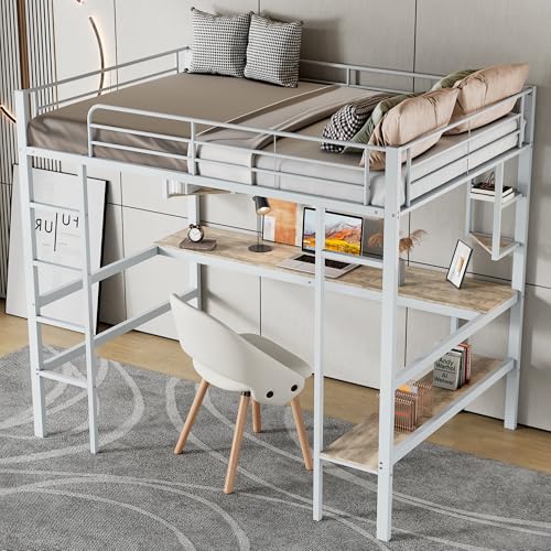 Ligterra Hochbett 90x200 cm mit Schreibtisch & Regalen - Metallbettgestell in White für Kinder, Jugendliche und Erwachsene - Platzsparendes Eisen Hochbett mit Bücherregal und Ablagemöglichkeiten von Ligterra
