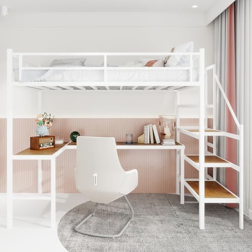 Ligterra Hochbett mit Schreibtisch, Jugendbett, Hochbett mit L-förmigem Schreibtisch, Großem Stauraum und Ablagefächern, Platzsparend, Geräuschlos, 197 * 106 * 175cm (Weiß) von Ligterra