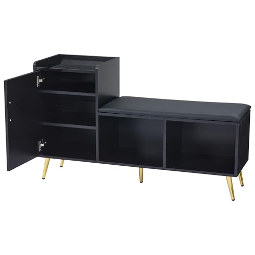Ligterra Hochglanz-Schranktür mit Stauraum Eingangsschuhschrank Gold Mehrstöckiger Schuhschrank mit gepolstertem Sitz, Stauraum & 5 Fächern Für Flur, Eingang, Garderobe von Ligterra