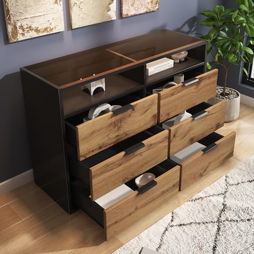 Ligterra Kommode Sideboard aus Bernstein Glas, Sideboard mit Metallgriffen, Kommode mit 6 Schubladen und 2 Fächern, kippsicher, 120 x 40 x 80 cm, Eiche von Ligterra