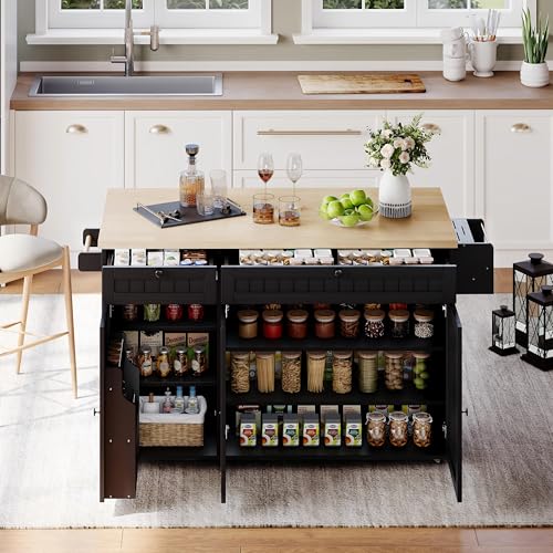 Ligterra Kücheninsel Küchenschrank mit Arbeitsplatte, Kücheninsel auf 6 Feststellbaren Rollen, mit Ablage, Türregal, 2 großen Schubladen und Schrank, Schwarz, 137 x 89,5 x 45 cm von Ligterra