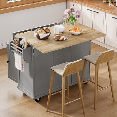 Ligterra Kücheninsel mit Rollen, Ausziehbarer Essbereich Küchenschrank mit Abfalleimer und Schubladen, Mobile Speisewagen Ideal für Küche und Esszimmer (Grau) von Ligterra