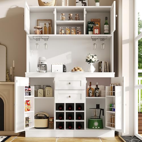Ligterra Küchenschrank, Küchenbuffet mit verstellbaren Ablagen & Weinregal, Vitrinenschrank, Hochschrank Küchenbuffet mit 4 Türen & 2 Schubladen, Sideboard,120 x 40 x 188 cm, Weiß von Ligterra