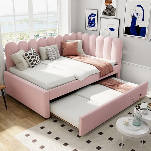 Ligterra L-förmiges Polsterbett, Schlafsofa 140x200 cm mit geblümter Rückenlehne und Ausziehbett in beigem Samtstoff (Rosa) von Ligterra