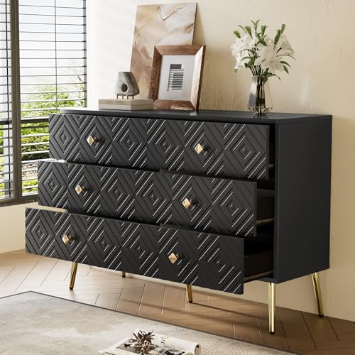 Moderner 6-Schubladen-Kommode – 120x40x80cm – Elegantes Schwarz mit Gold – Metallbeine für Stabilität für Schlafzimmer & Wohnzimmer von Ligterra
