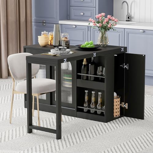 Ligterra Moderner Bartisch, Ausziehbar 360° Drehbare Bartisch Mit Stauraum, Reversibel Tisch Sideboard Bar Mit Glasschranktür, Bar Tisch Für Küche Kaffeebar Möbel, Schwarz von Ligterra