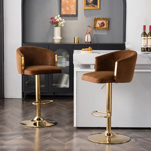 Ligterra Moderner Drehbarer Höhenverstellbarer Barhocker, Moderner Barhocker für Küche, Bar und Restaurant Theken, Hubhocker mit Rückenlehne und Goldener Fußstütze (Braun.Set of 2) von Ligterra