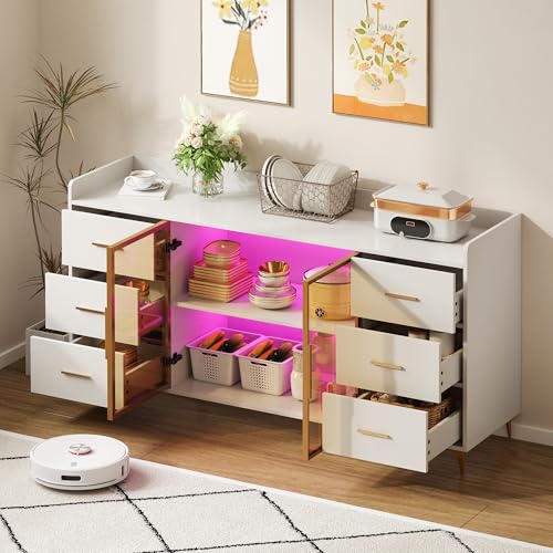 Ligterra Moderner Küchenschrank/Sideboard/6 Schubladen/Glastüren/Fernbedienbare LED-Beleuchtung/Stimmungsbeleuchtung,Geeignet für Küche,Wohnzimmer,Chlafzimmer 160×44×87cm (Weiß) von Ligterra