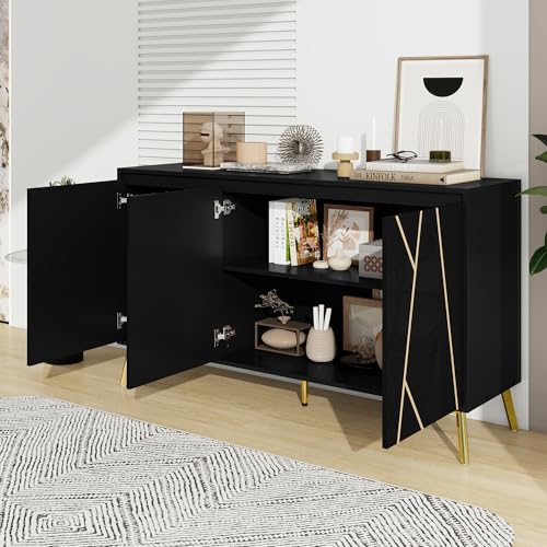 Ligterra Moderner Stil, Einzigartige Linie, Küchenschrank, Wohnzimmerschrank, Sideboard, 3-türig, Grifflos, für Esszimmer, Wohnzimmer, Küche, Buffetschrank, 140 x 40 x 80cm (Schwarz) von Ligterra