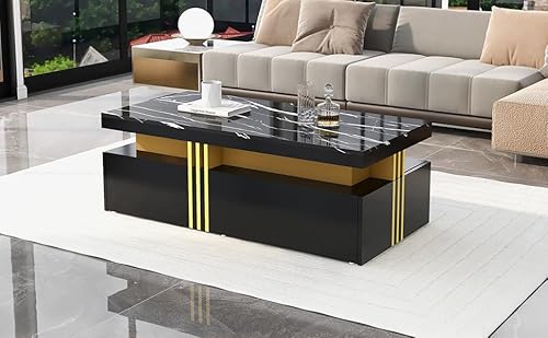Ligterra Moderner rechteckiger Couchtisch Wohnzimmer mit Hochglanz marmorierter Platte & 2 Holzschubladen 100x50x40 cm von Ligterra
