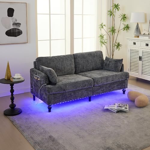 Sofa 2 Sitzer, Sofa mit Schlaffunktion, Chenille mit Holzbeinen, LED-Licht, Ladeanschluss und Aufbewahrungstasche Wohnzimmer-Schlafzimmer-Arbeitszimmer, 175 * 83 * 78cm (Grau) von Ligterra