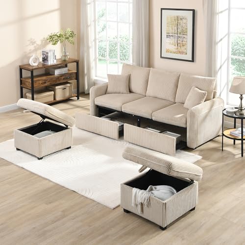 Ligterra Multifunktionale Ecksofa U-Form-Dreisitzer Polster-Sofa mit Staufunktion – Inklusive Schubladen + Hocker mit Staufach, modular zerlegbares Sofa-Set mit Schlaffunktion,Cord-Stoff（Beige） von Ligterra