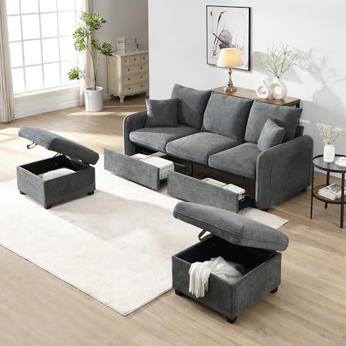 Ligterra Multifunktionale Ecksofa U-Form-Dreisitzer Polster-Sofa mit Staufunktion – Inklusive Schubladen + Hocker mit Staufach, modular zerlegbares Sofa-Set mit Schlaffunktion,Cord-Stoff（Grau） von Ligterra