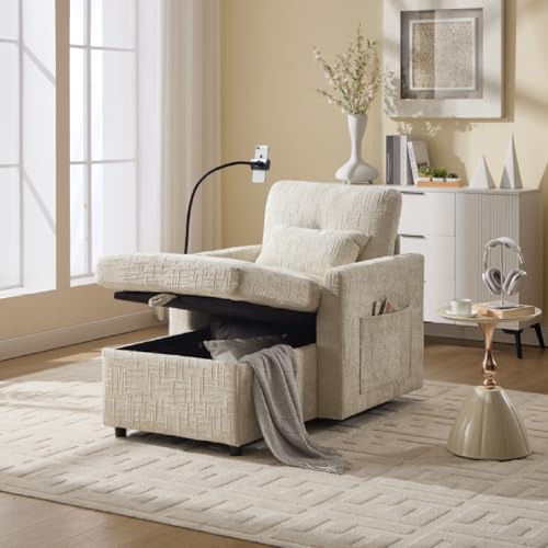 Schlafsessel mit Bettfunktio, Relaxsessel mit Liegefunktion, Chenille, Handyhalterung und Seitentasche, Großer Stauraum für Wohnzimmer Schlafzimmer Kleiner Haushalt(Beige) von Ligterra