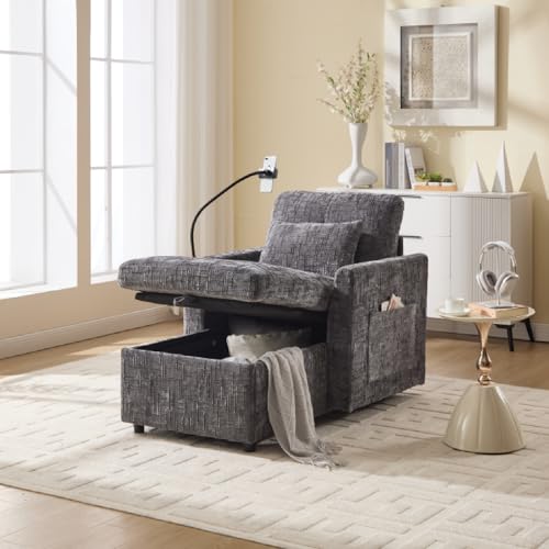 Schlafsessel mit Bettfunktio, Relaxsessel mit Liegefunktion, Chenille, Handyhalterung und Seitentasche, Großer Stauraum für Wohnzimmer Schlafzimmer Kleiner Haushalt(Grau) von Ligterra