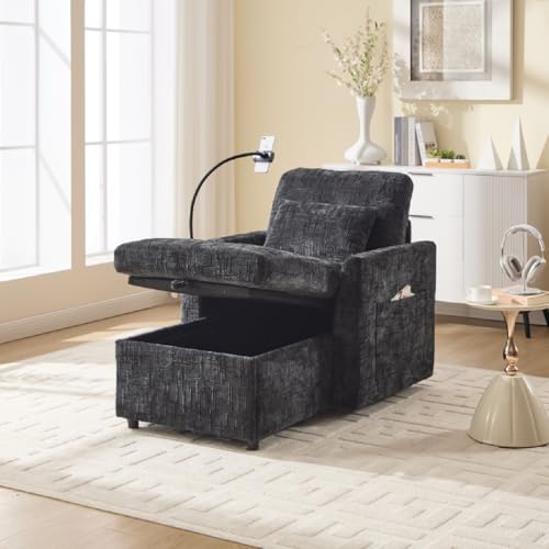 Schlafsessel mit Bettfunktio, Relaxsessel mit Liegefunktion, Chenille, Handyhalterung und Seitentasche, Großer Stauraum für Wohnzimmer Schlafzimmer Kleiner Haushalt (Schwarz) von Ligterra