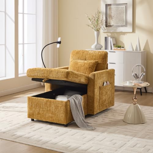 Schlafsessel mit Bettfunktio, Relaxsessel mit Liegefunktion, Chenille, Handyhalterung und Seitentasche, Großer Stauraum für Wohnzimmer Schlafzimmer Kleiner Haushalt(Senfgelb) von Ligterra