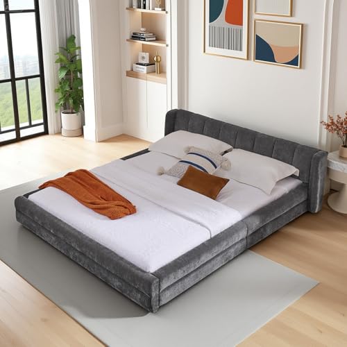 Ligterra Polsterbett 140x200cm Doppelbett mit gepolsterter Chenille Rückenlehne Robustes Gestell aus Eukalyptusholz & Metall Einfache Montage Dark Gray von Ligterra