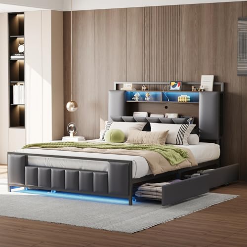 Ligterra Polsterbett 160 * 200 cm, Multifunktionsbett mit LED-Licht, mit USB-Steckdose, mit Schubladen, Bettgestell aus massivem Eisen, Jugendbett, Erwachsenenbett, Doppelbett, Kunstleder, Grau Ligterra Polsterbett 160 * 200 cm, Multifunktionsbett mit LED-Licht, mit USB-Steckdose, mit Schubladen, Bettgestell aus massivem Eisen, Jugendbett, Erwachsenenbett, Doppelbett, Kunstleder, Grau von Ligterra