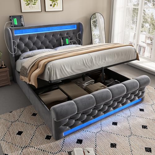 Ligterra Polsterbett Doppelbett, Polsterbett mit LED-Leuchten, Stauraum-Kopfteil mit USB- und Typ-C-Anschlüssen, Hydraulisches Stauraumbett, Samt, Ohne Matratze, 140x200cm (Grau) von Ligterra