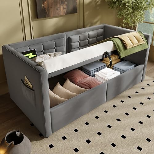 Ligterra Polstertes Sofabett 90x190 cm, Einzelbett Schlafsofa mit Hydraulischem Stauraum und USB & Type-C Ladestation, Gästebett mit Holzlattenrost, Grau, Samt, Ohne Matratze Ligterra Polstertes Sofabett 90x190 cm, Einzelbett Schlafsofa mit Hydraulischem Stauraum und USB & Type-C Ladestation, Gästebett mit Holzlattenrost, Grau, Samt, Ohne Matratze von Ligterra