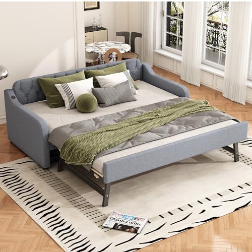 Ligterra Schlafsofa Grau 90x200 cm mit Ausziehbarem Rollbett Tagesbett & Gästebett USB-Ladeanschluss Platzsparendes Multifunktionssofa von Ligterra